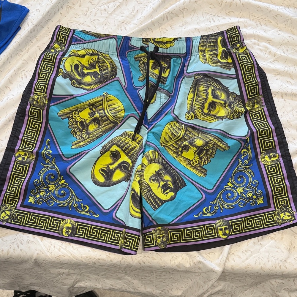 Versace Blue & Yellow Greek Mask Swim Shorts